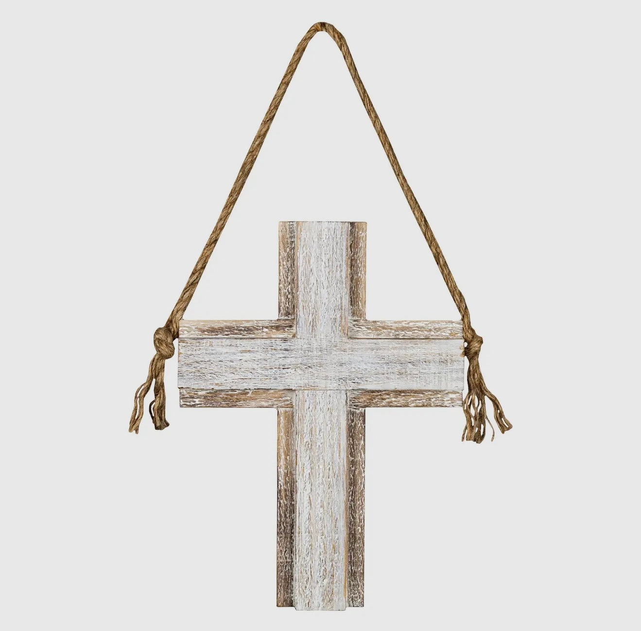 White washed Wooden Cross with Rope and Hardware attached for Hanging