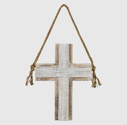 White washed Wooden Cross with Rope and Hardware attached for Hanging