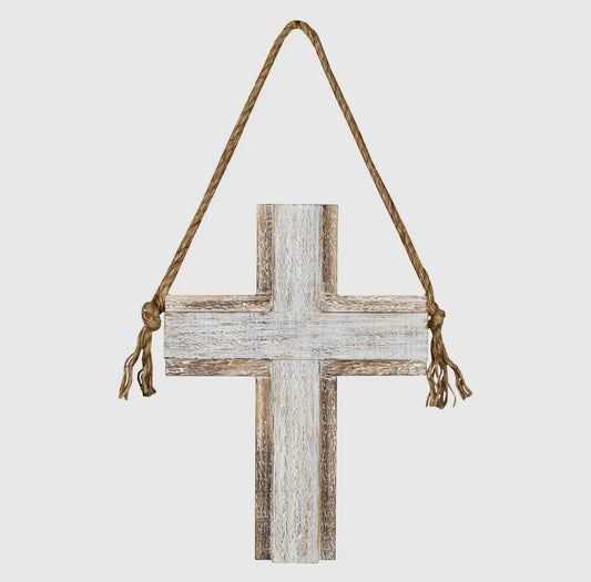 White washed Wooden Cross with Rope and Hardware attached for Hanging