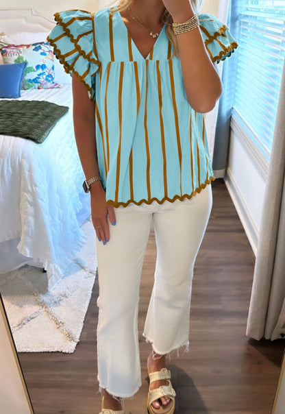 ML42 Turquoise and Brown Stripe V Neck Blouse with Ruffle Cap Sleeve And RicRac Trim