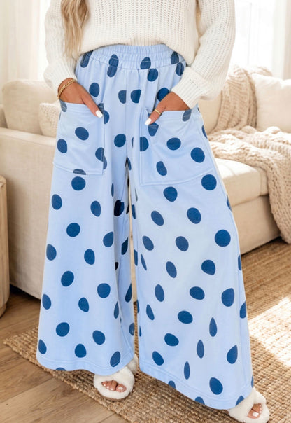 MLBP Blue Polka Dot Wide Leg Comfy Pants with Square Pockets and Elastic Waist