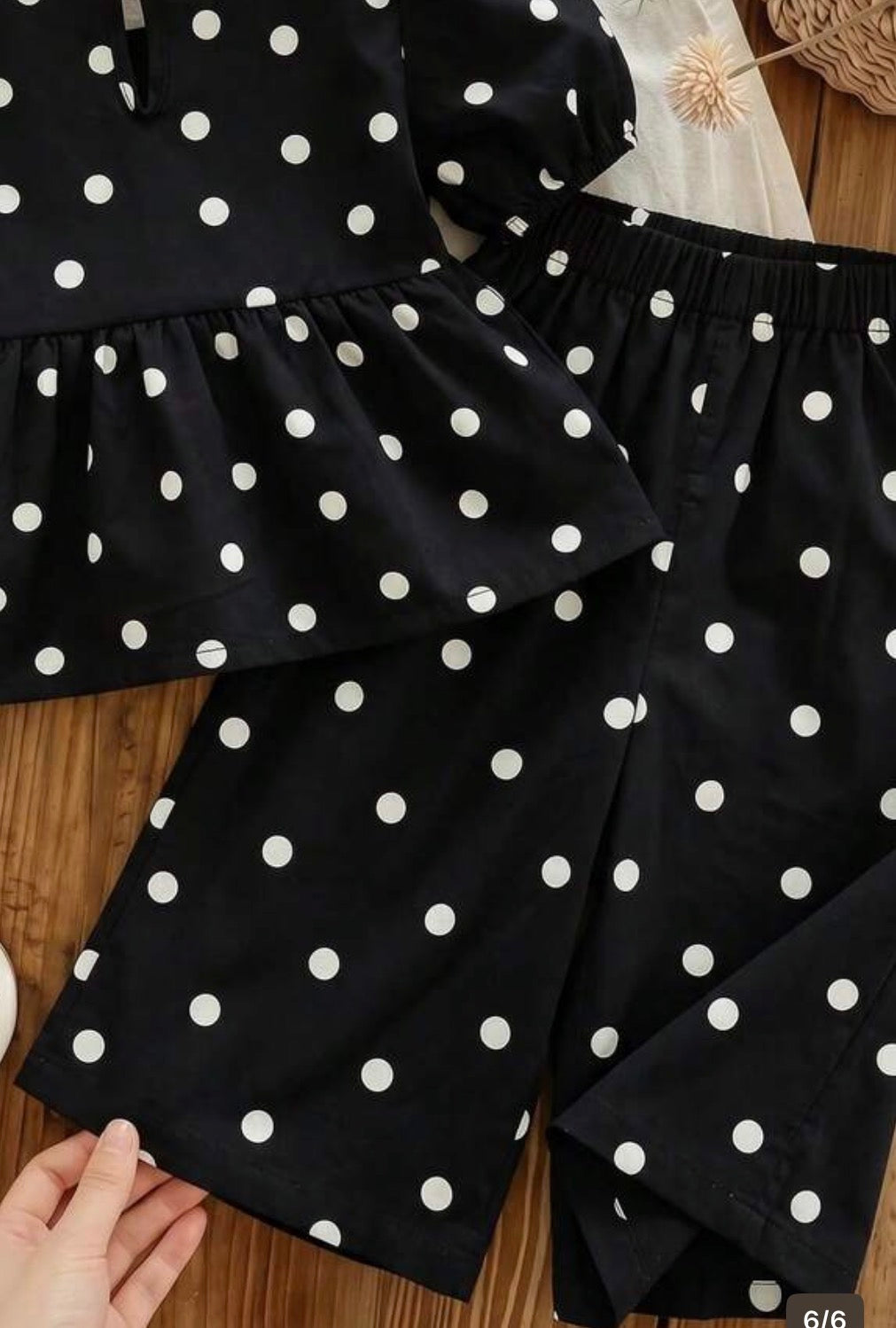 BWP Black and White Polka Dot 2 Piece Set with Short Sleeves and Wide Leg Pants