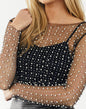 Black Sheer Overlay Top with Pearls and Rhinestones