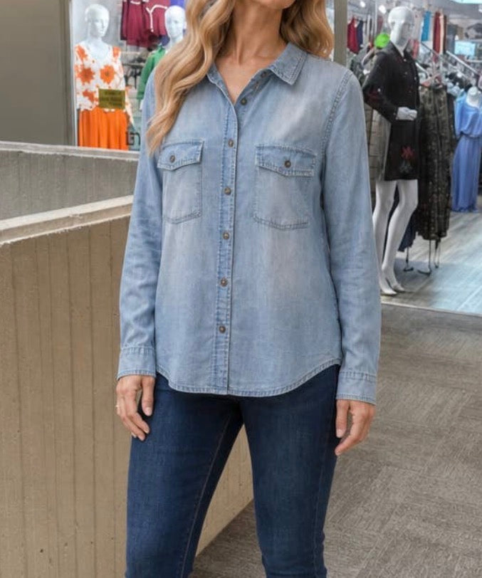 Lightweight soft denim button-up shirt by Ivy's Gifts & Boutique, versatile casual style with front buttons and long sleeves.