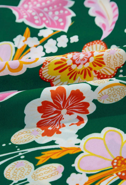 Floral Print Green Blouse with Tie at Neck