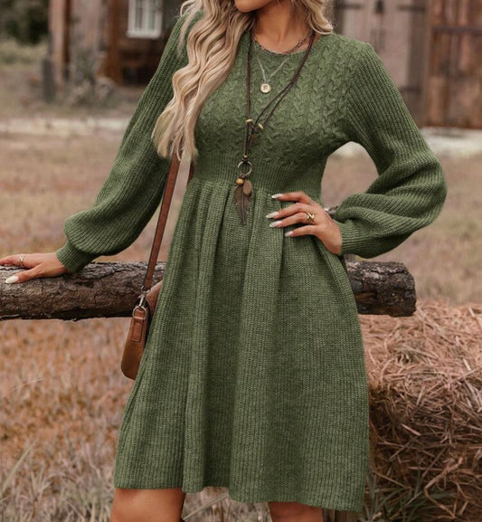 Cable Knit Green Sweater Dress with cuffed puff sleeve