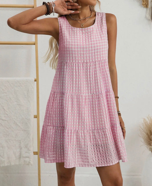 Blue and pink sleeveless basket woven plaid dress by Ivy's Gifts & Boutique, featuring a stylish sleeveless design and vibrant pattern.
