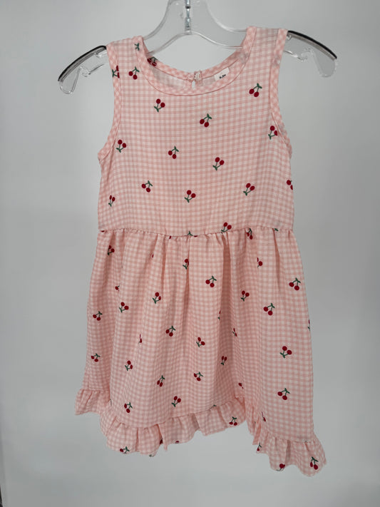 CH12 Infant Toddler Peachy Pink Gingham Cherry Print Lightweight Dress with Back Bow Accents