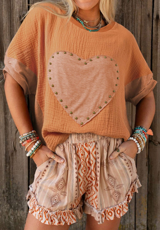 Orange Stud Heart Patch Textured Top