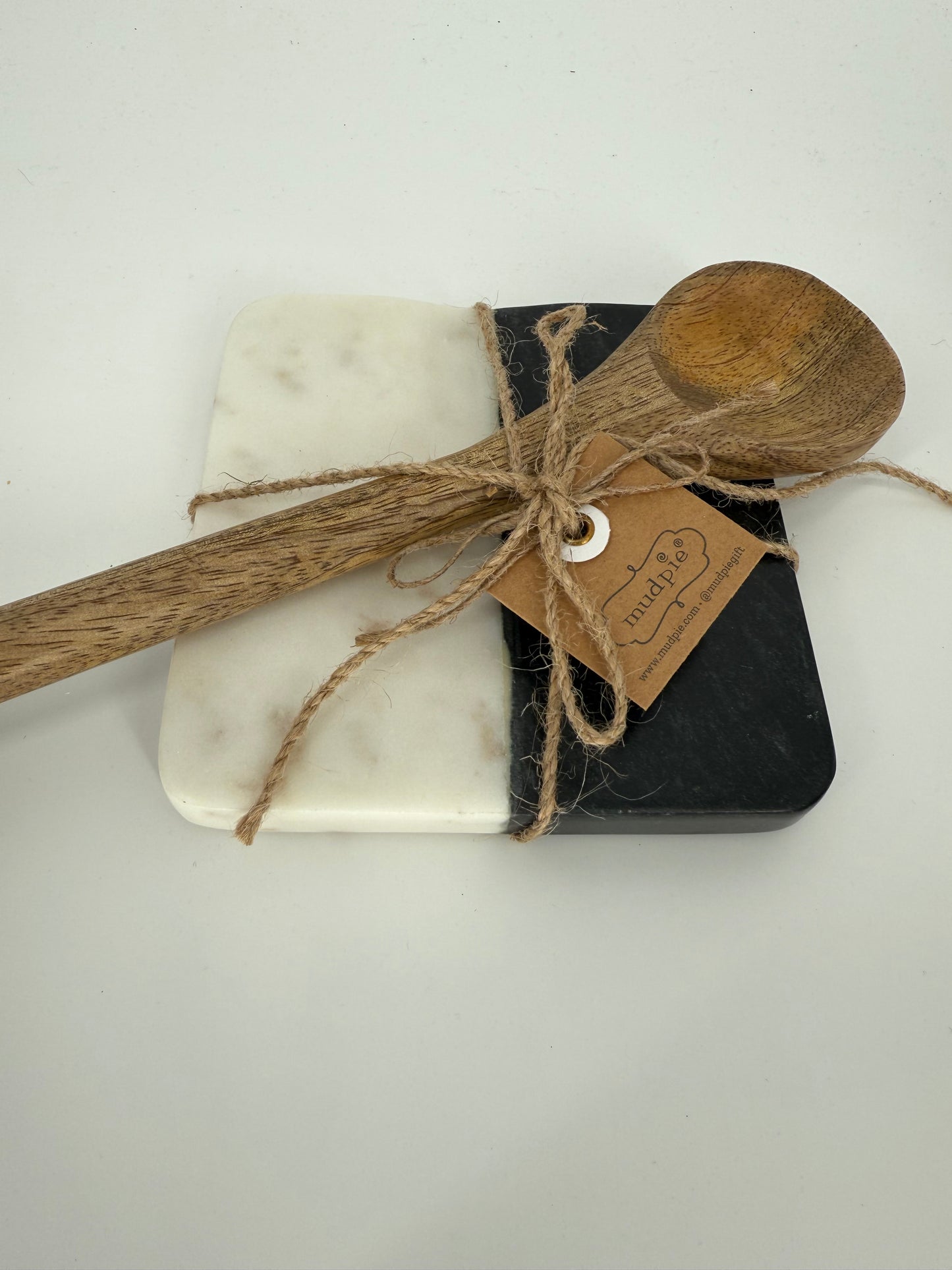 Two Tone Black and White Marble Spoon Rest with Artisan Wooden Spoon included