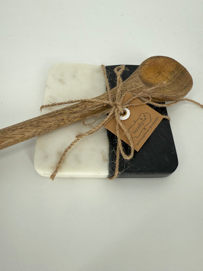 Two Tone Black and White Marble Spoon Rest with Artisan Wooden Spoon included
