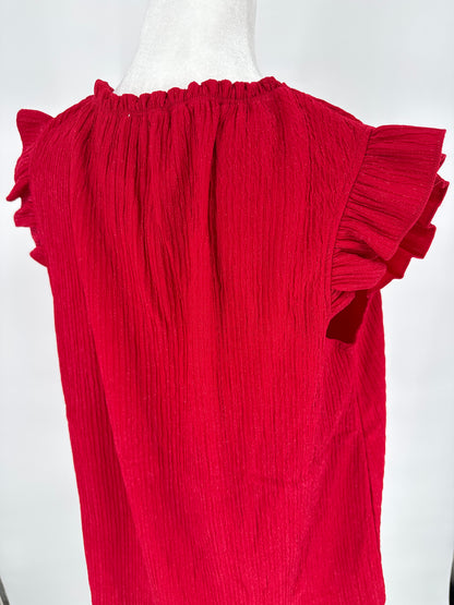 Red Sparkle Sleeveless Blouse with Shoulder Ruffles