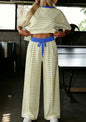 MLBYS Blue and Yellow Stripe 2 Piece Pant Set with Oversize Short Sleeve Top and Contrast Colori Elastic Waistband Pants with Drawstring and Pockets