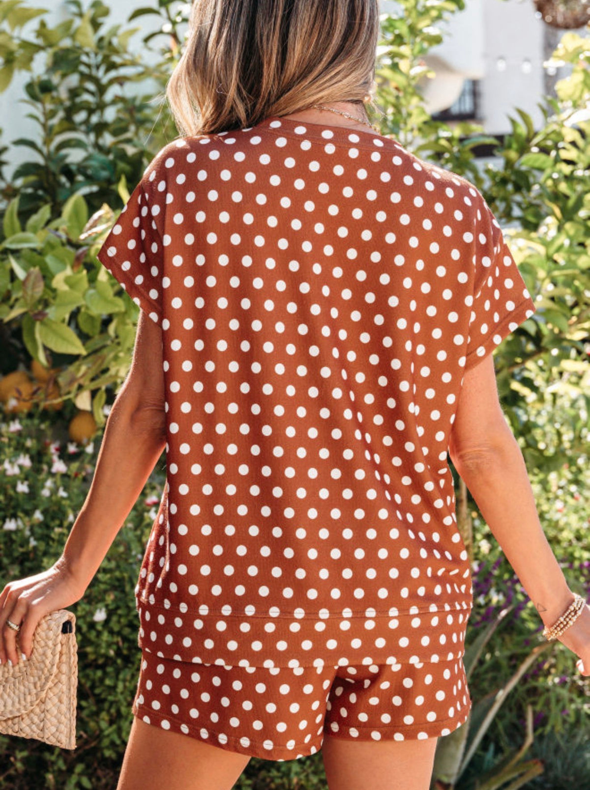 MLBPD Brown Polka Dot 2 Piece Short Set in Lightweight Comfy Fabric with Elastic Waist Pocketed Shorts