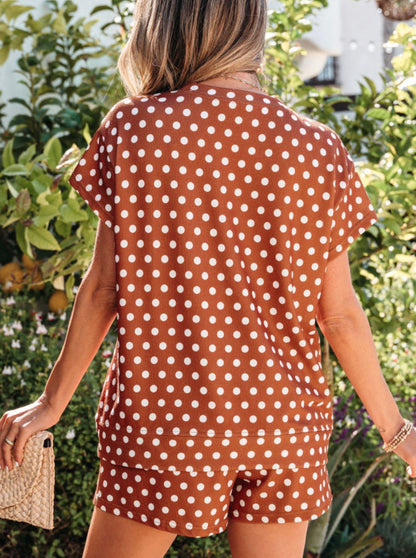 MLBPD Brown Polka Dot 2 Piece Short Set in Lightweight Comfy Fabric with Elastic Waist Pocketed Shorts