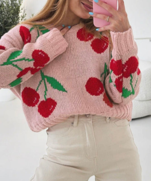 A60 Pink Cherry Printed Cropped Swester