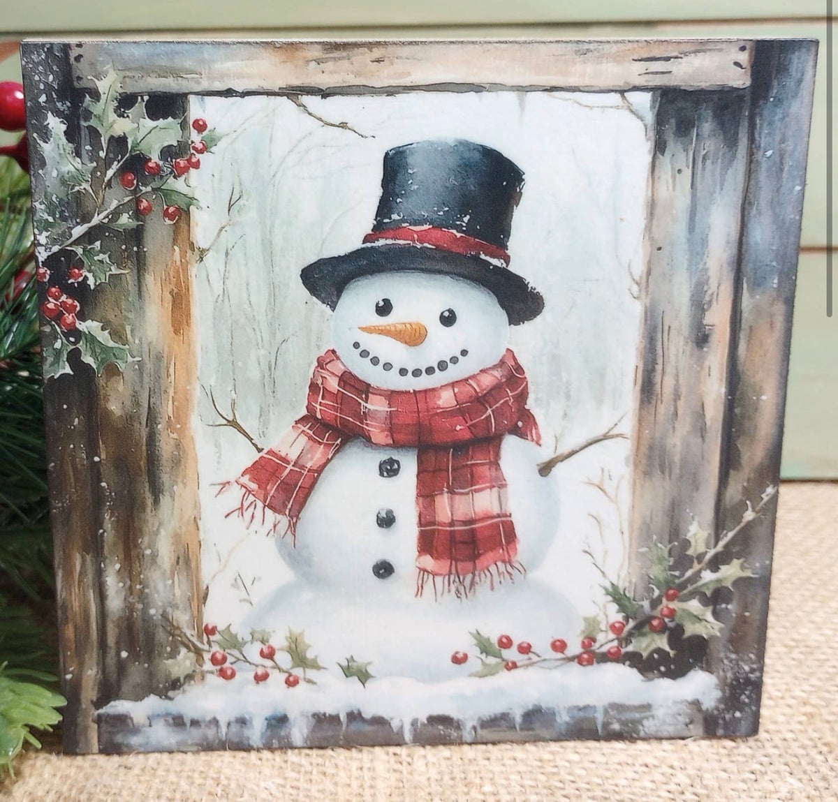 Winterberry Snowman Wooden Block Sign