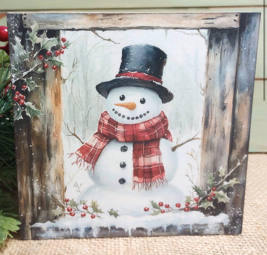 Winterberry Snowman Wooden Block Sign