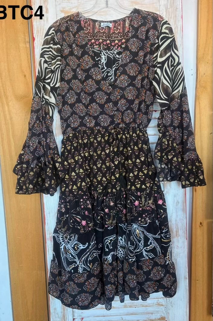 BTC BoHo Style Dress with Unique Fabric Patterns Ruffle Sleeve and Hem