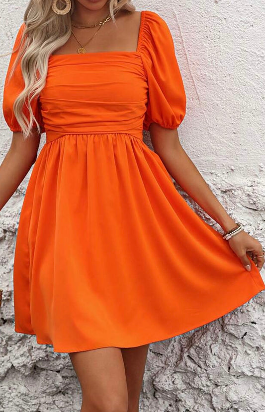 Orange Dress with Puff Sleeves and Elastic Back