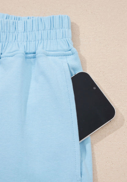 MLBBJ Baby Blue Athletic Leisure Style 2 Piece Jogger Set with Pockets and Rouched Side Form Fitting Short Sleeve Top