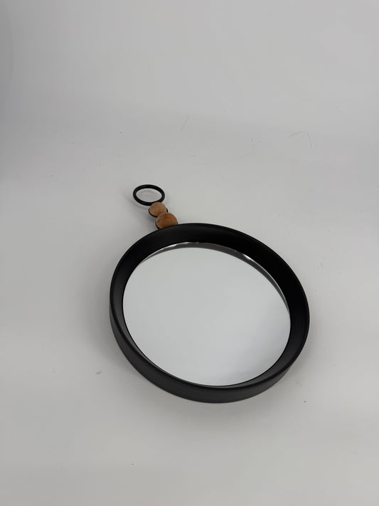 Black Metal Mirror with Wooden Bead Accent
