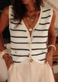 Ivory and Black Striped Sweater Vest with Gold Buttons
