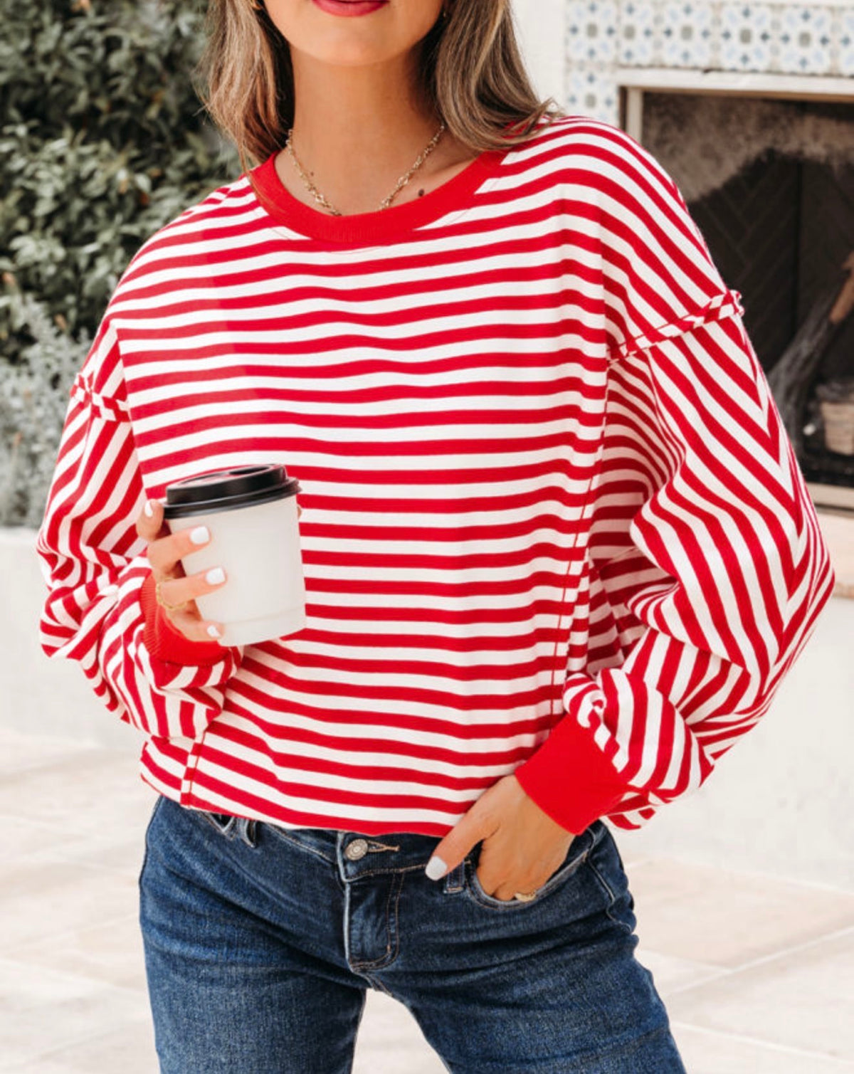 Ivy's Gifts & Boutique MLRS red and white stripe long sleeve top with raw seam edges and square patch on back