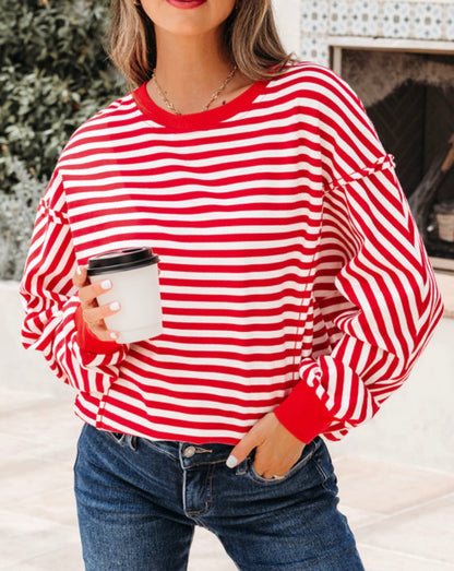 Ivy's Gifts & Boutique MLRS red and white stripe long sleeve top with raw seam edges and square patch on back