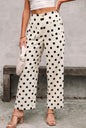 Black polka dot cream pants with back and side pockets, stylish women's trousers from Ivy's Gifts & Boutique.