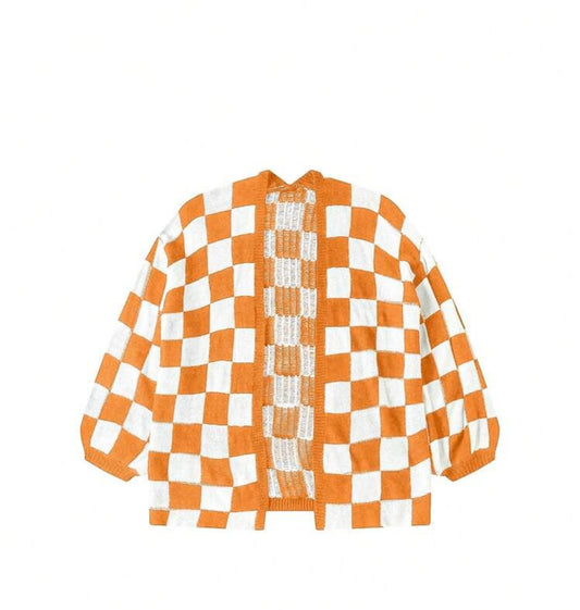Orange and White Checkered Cardigan Sweater