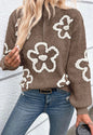 Brown Zipper Neckline Sweater with Flower Accents