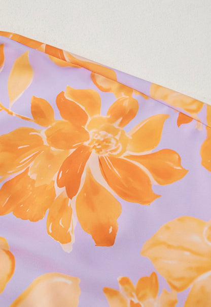 PP31 Purple and Orange Floral Square Neckline Puff Sleeve Top with Gathered Elastic Bodice for Flattering Fit