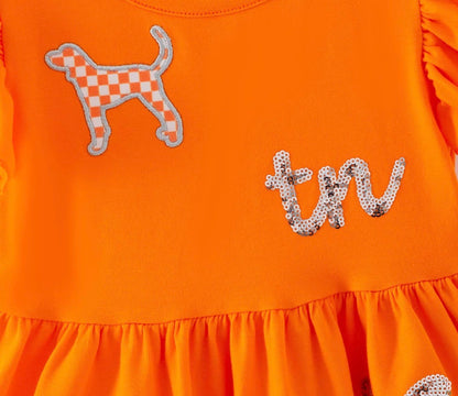 CCTND Orange Flutter Sleeve Tier Ruffle Hem Dress with Sequin Embellishments