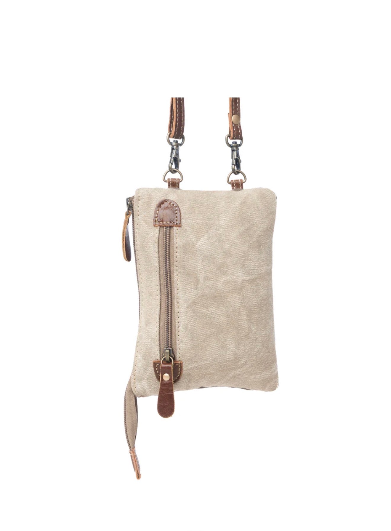MY31 Stamp Pocket Zipper Pouch Bag with Outer Zip Pocket, Snap Pocket, and Shoulder Strap