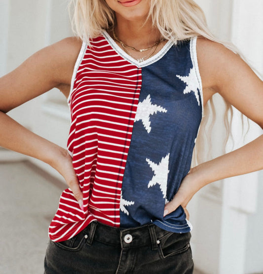 Red, white and blue stars and stripe tank with waffle weave