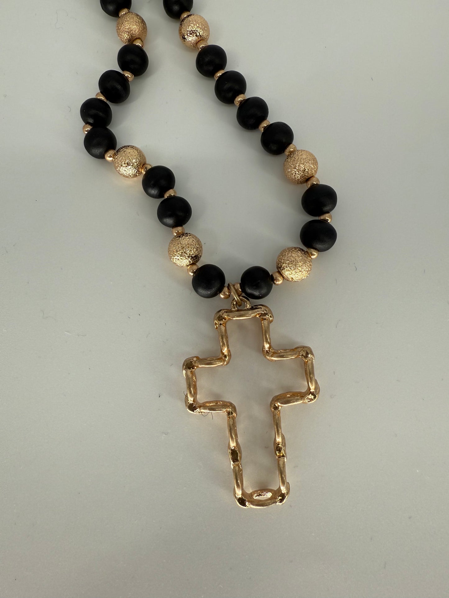 Wood and Gold Bead Cross Necklace