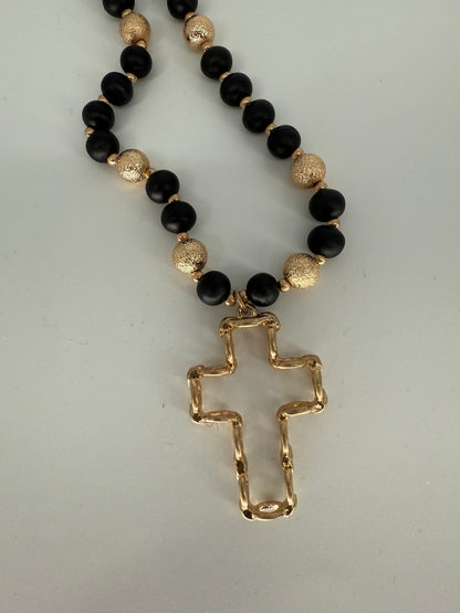 Wood and Gold Bead Cross Necklace