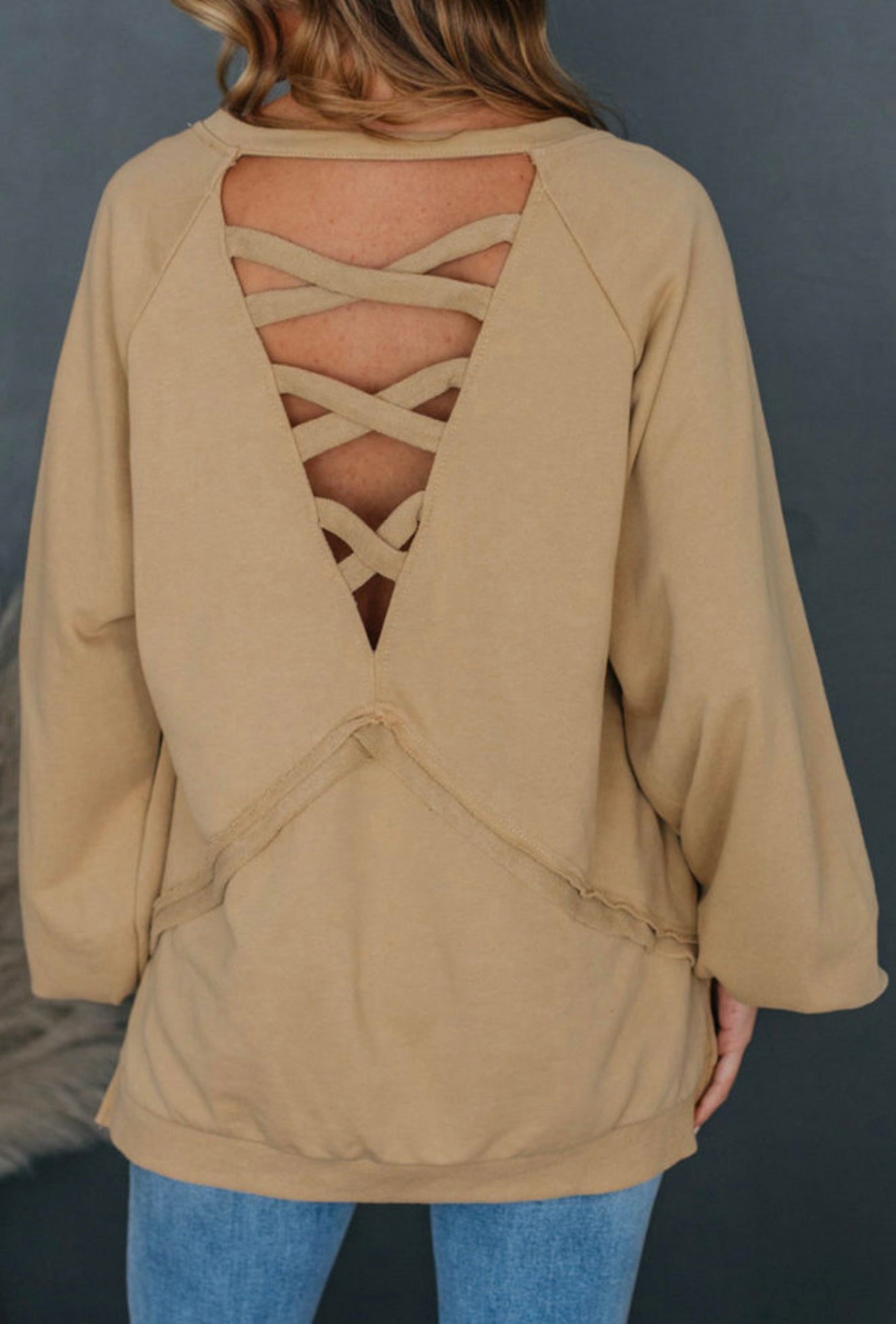 Beige sweatshirt w/v cut out back