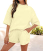 MLYS Creamy Super Soft Yellow Mock Turtle Neck Style 2 Piece Short Set with Elastic Drawstring Waist and Pockets