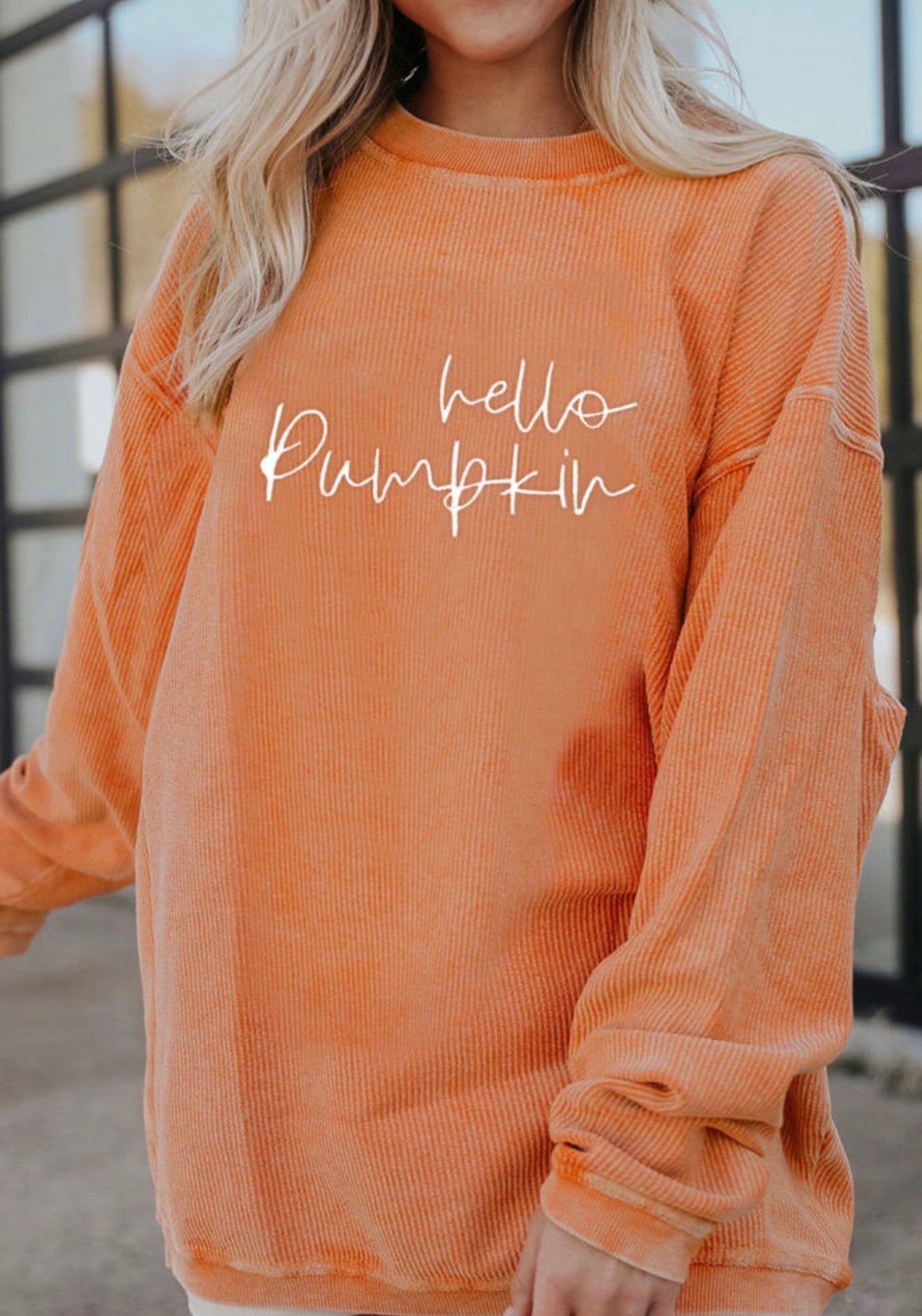MLHP Orange Ribbed Hello Pumpkin Corduroy Long SleeveTop