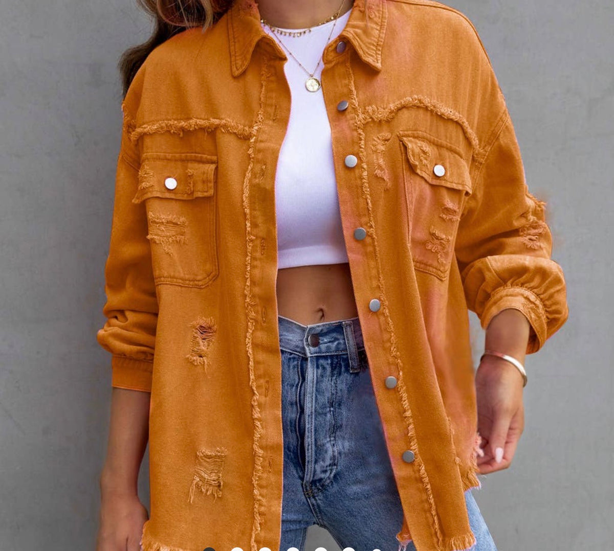 Orange denim shacket with casual lapel from HBOD by Ivy's Gifts & Boutique, featuring visible button closures and relaxed fit.
