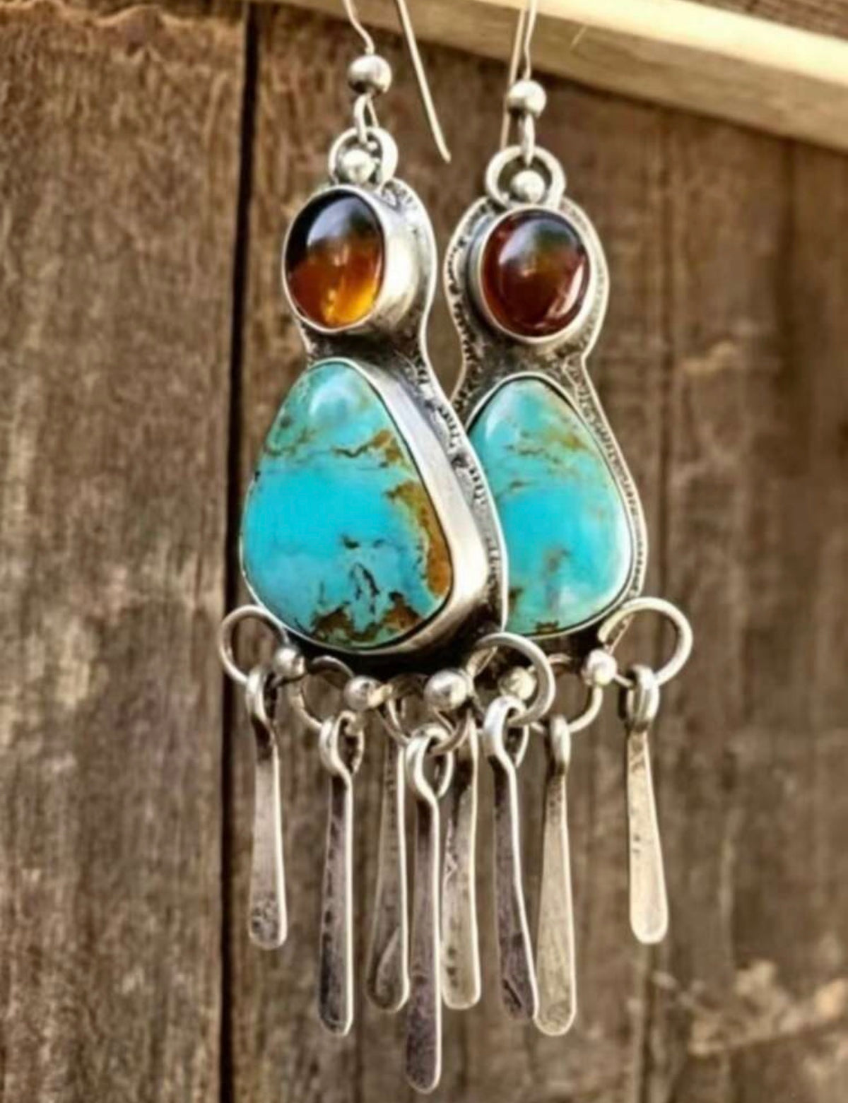 ERFT Faux Turquoise Earrings with Amber Color Stone Accent