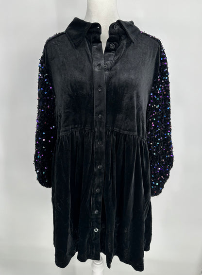 Black Velvet Button Front Dress with Sequin Sleeves