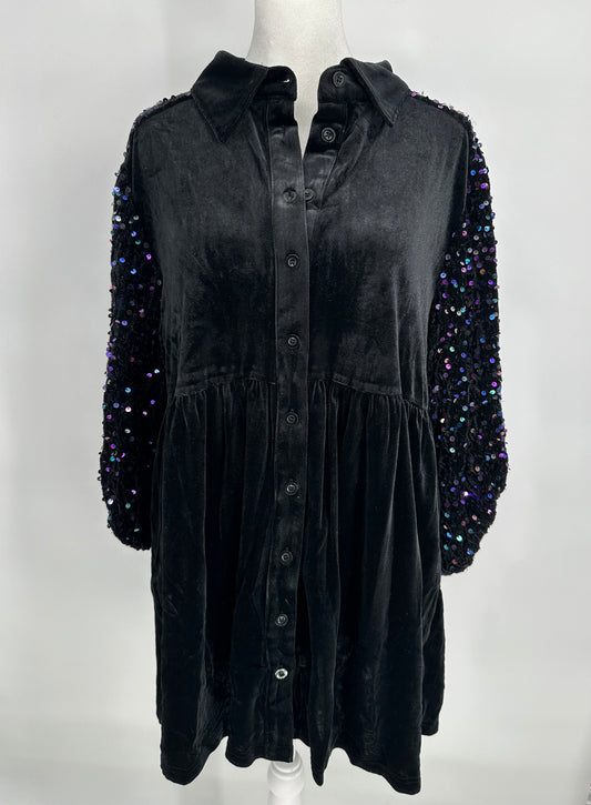 Black Velvet Button Front Dress with Sequin Sleeves