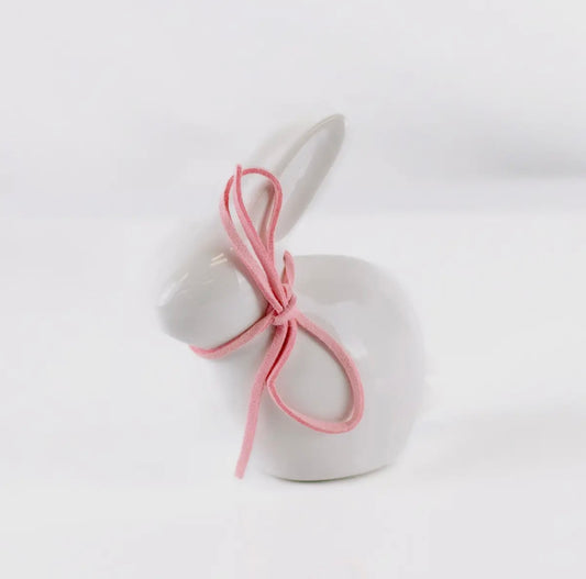 White Ceramic Bunny with Pink Leather Bow