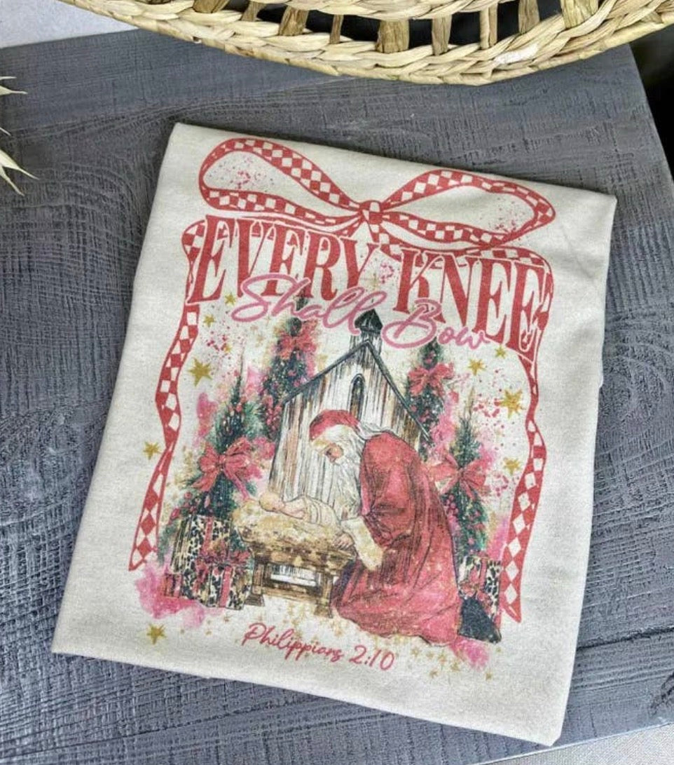 FEK Every Knee Shall Bow Santa and Manger Print T Shirt