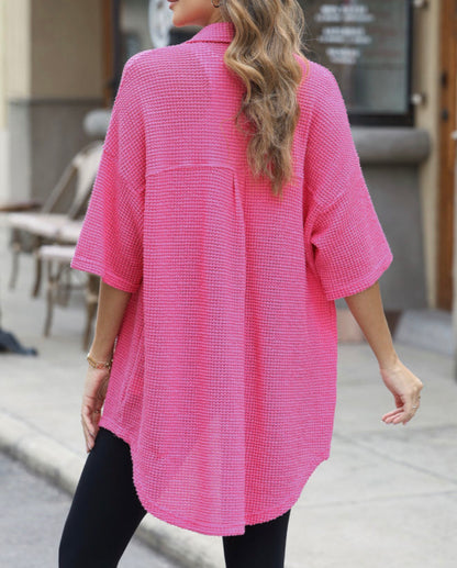 Hot pink waffle weave over shirt with button front from Ivy's Gifts & Boutique, casual and stylish women's top.