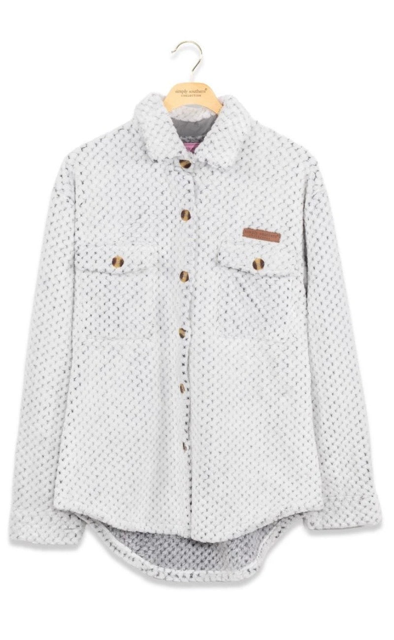 Frosted gray shacket from Ivy's Gifts & Boutique, soft and cozy with a relaxed fit, perfect for layering.