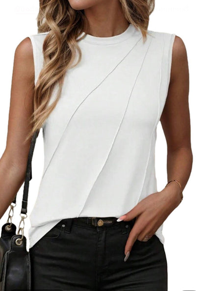 Sleeveless Top with Crewneck and Pleat Design